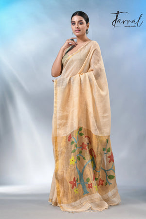 Cream with zari border in paithani pallu linen jamdani saree