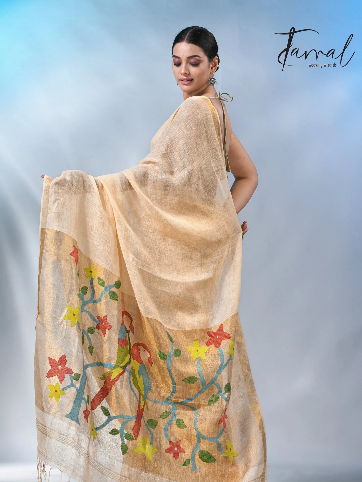 Cream with zari border in paithani pallu linen jamdani saree