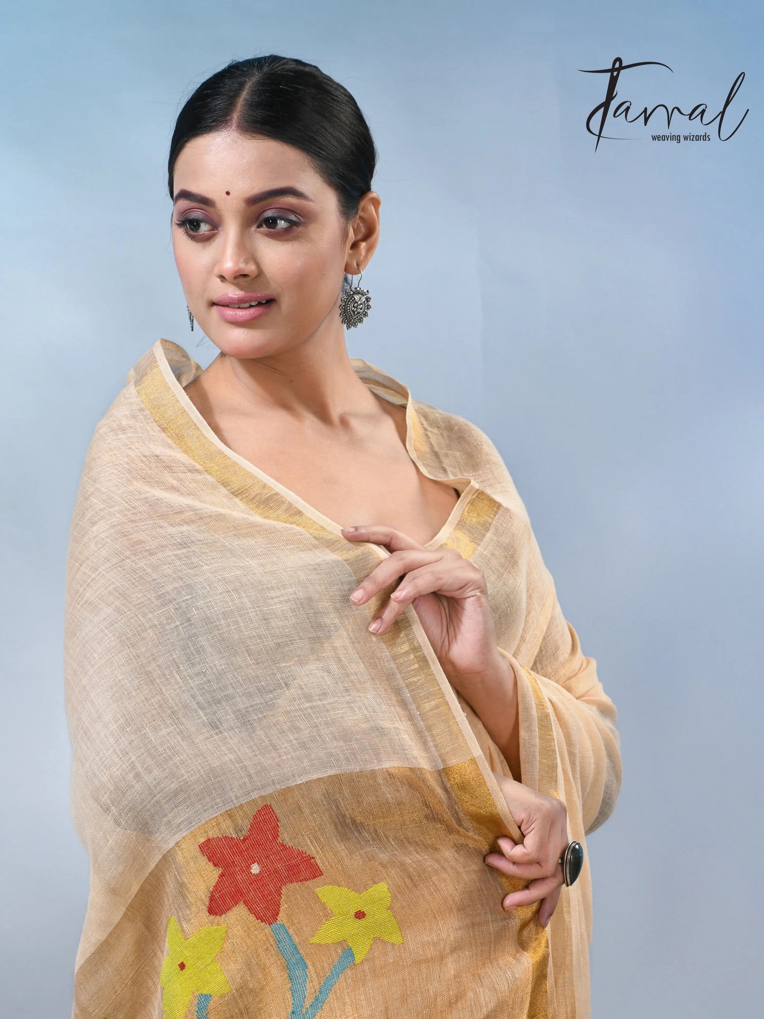 Cream with zari border in paithani pallu linen jamdani saree