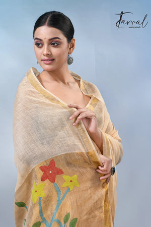 Cream with zari border in paithani pallu linen jamdani saree