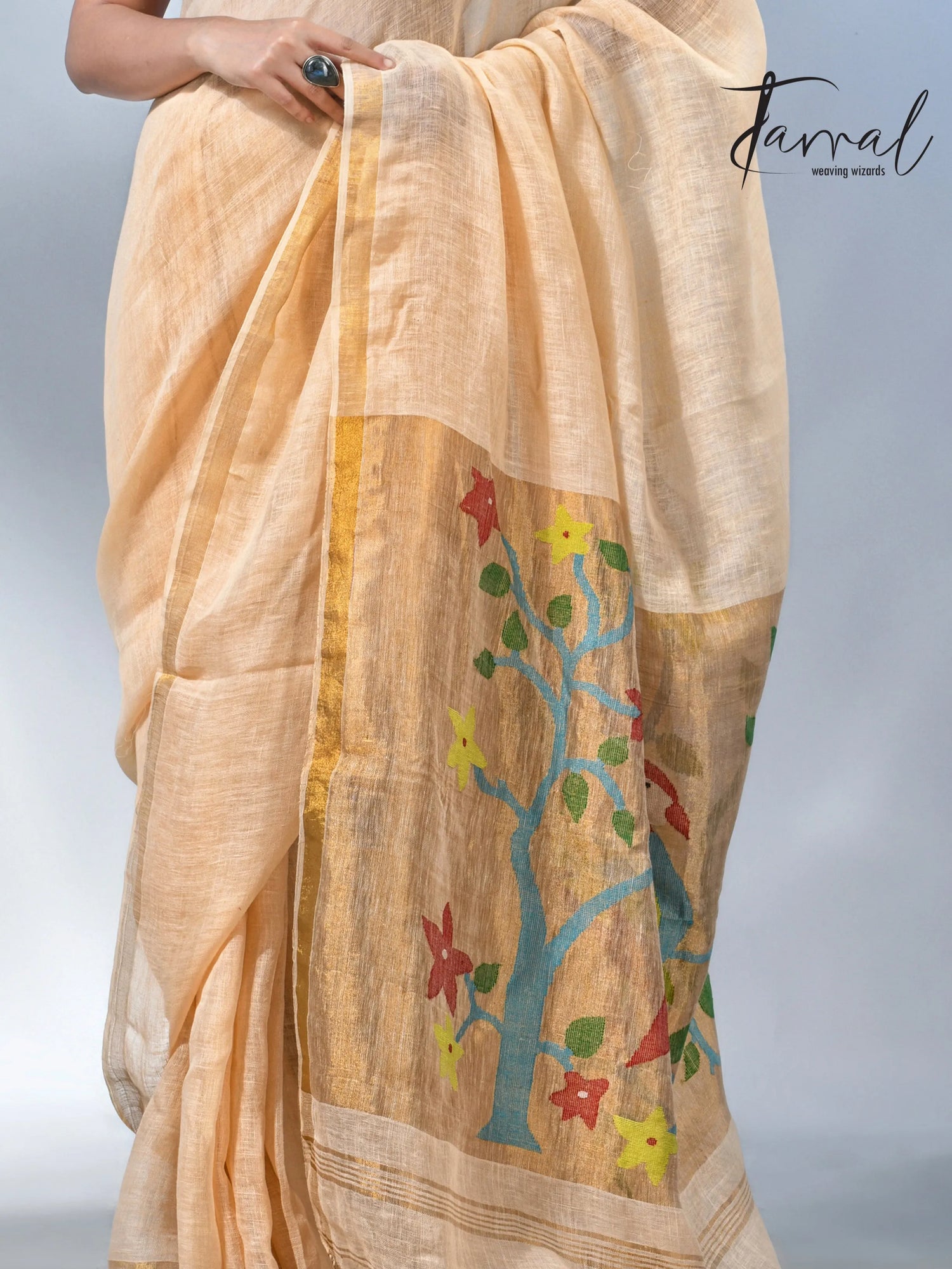 Cream with zari border in paithani pallu linen jamdani saree