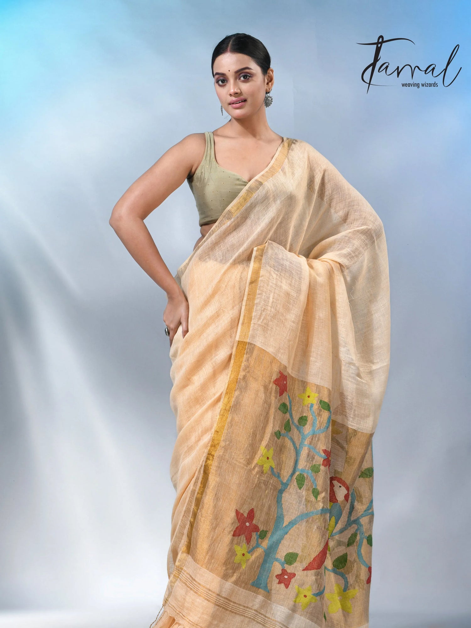 Cream with zari border in paithani pallu linen jamdani saree