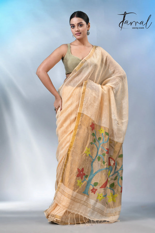 Cream with zari border in paithani pallu linen jamdani saree