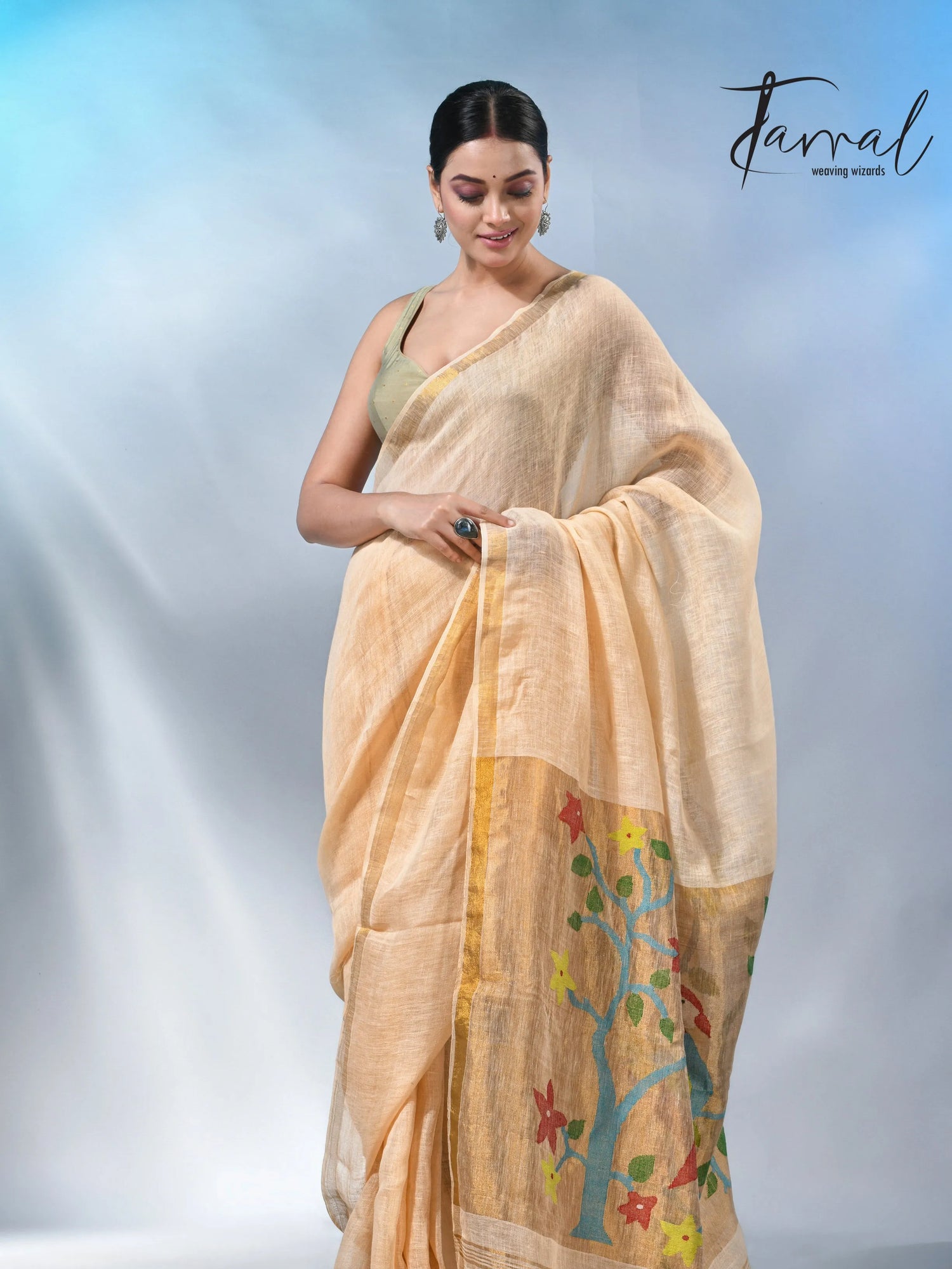 Cream with zari border in paithani pallu linen jamdani saree