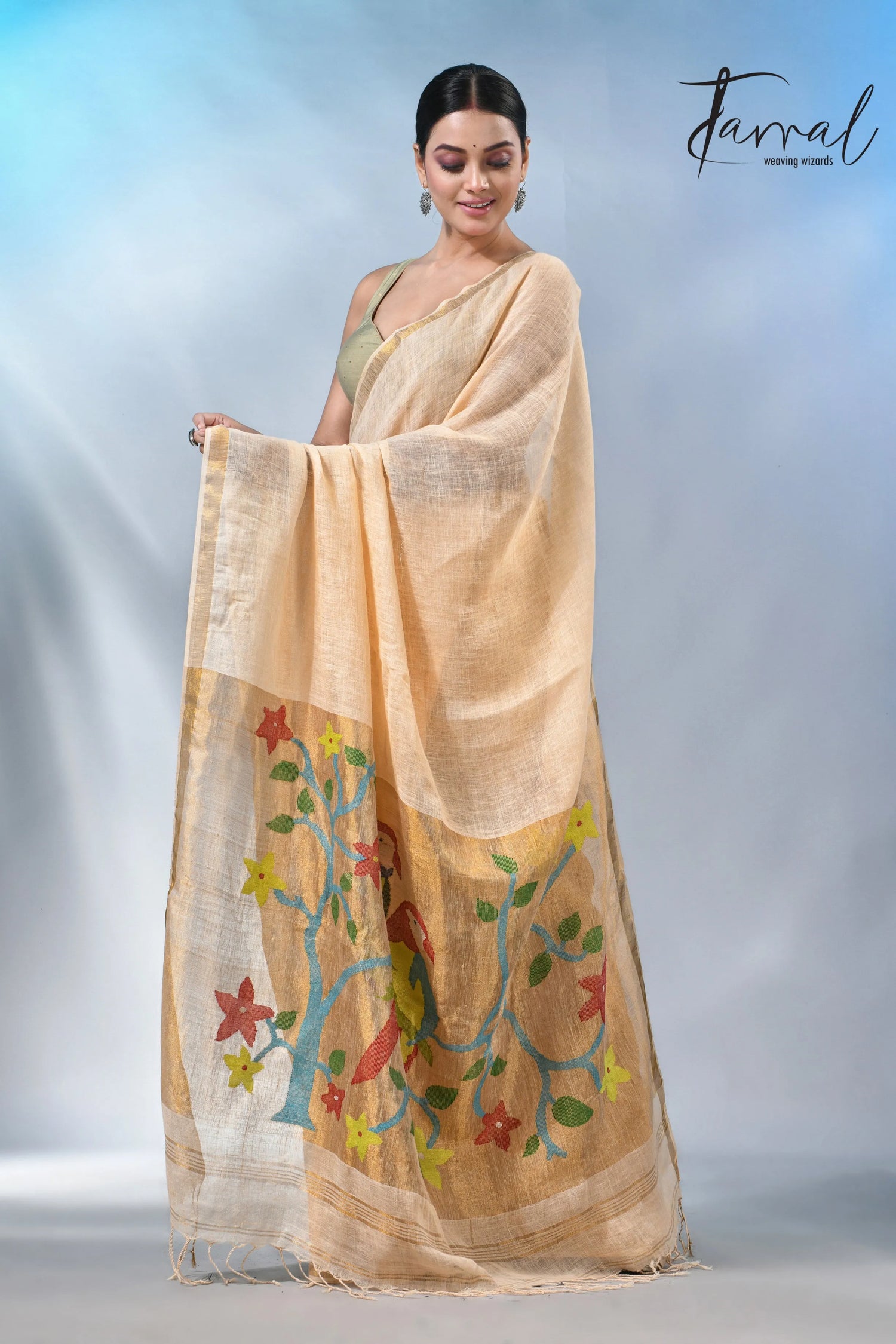 Cream with zari border in paithani pallu linen jamdani saree
