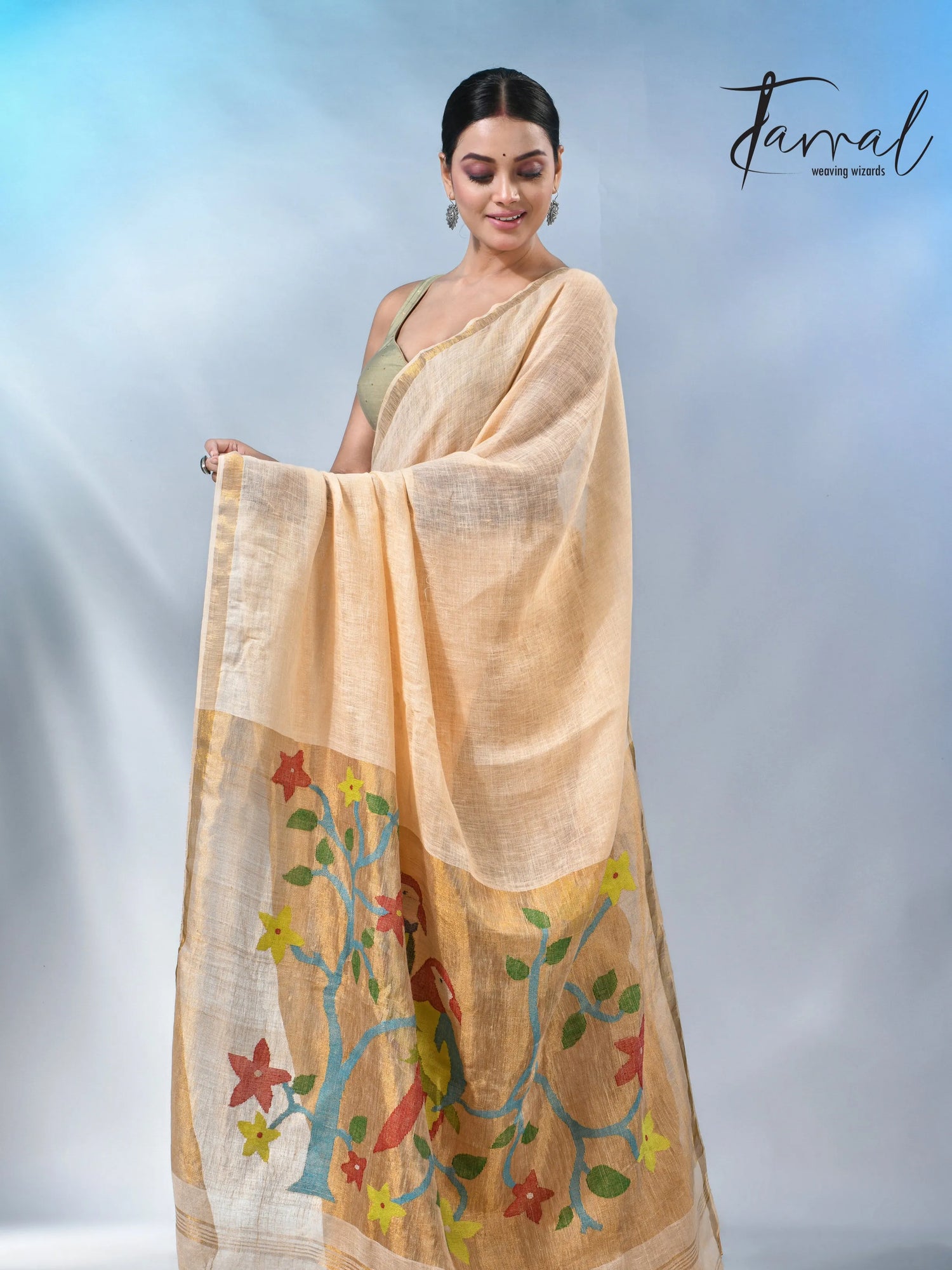 Cream with zari border in paithani pallu linen jamdani saree