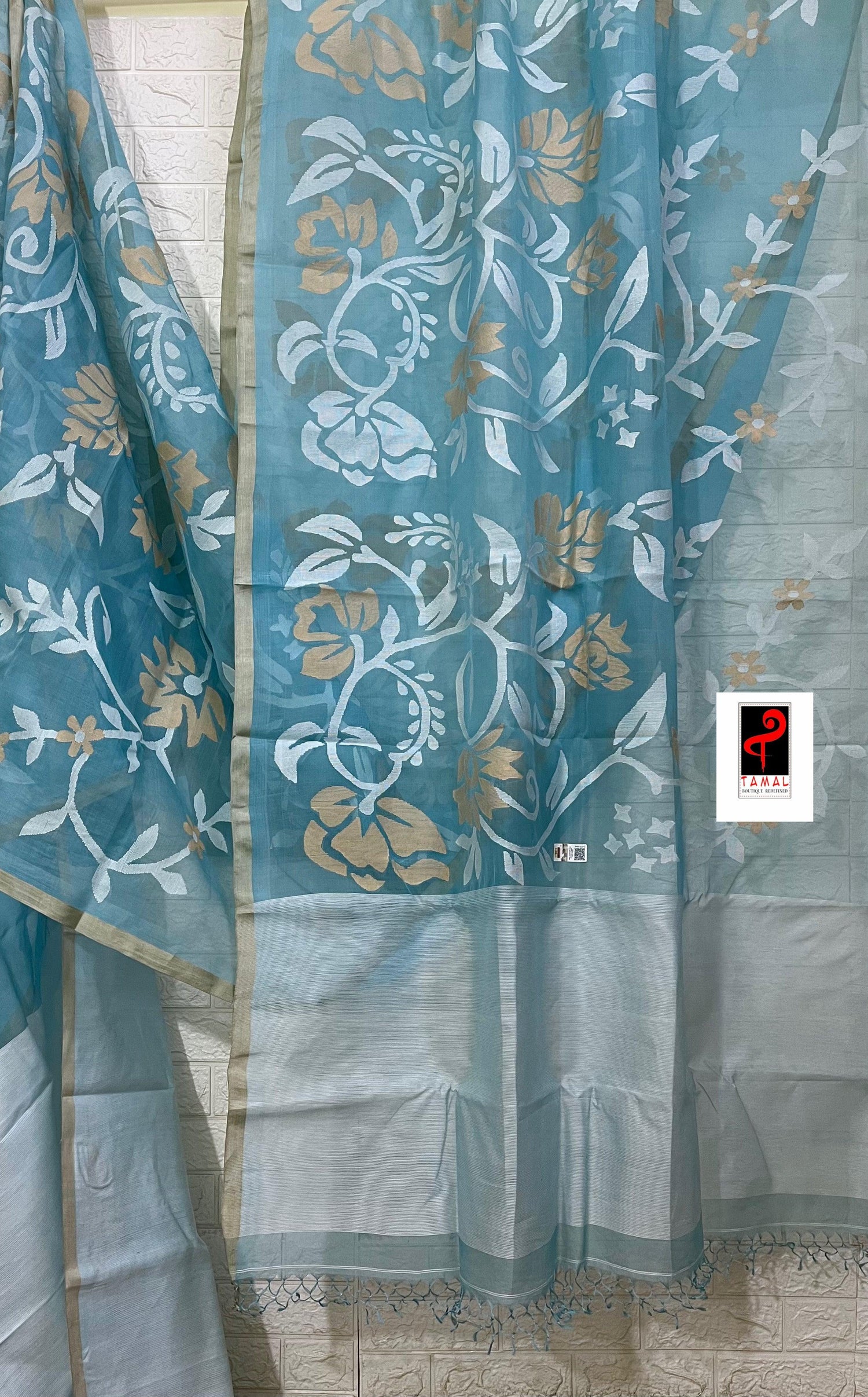 Light sky blue with white & beige colour allover floral handwoven jamdani saree - Tamal Boutique