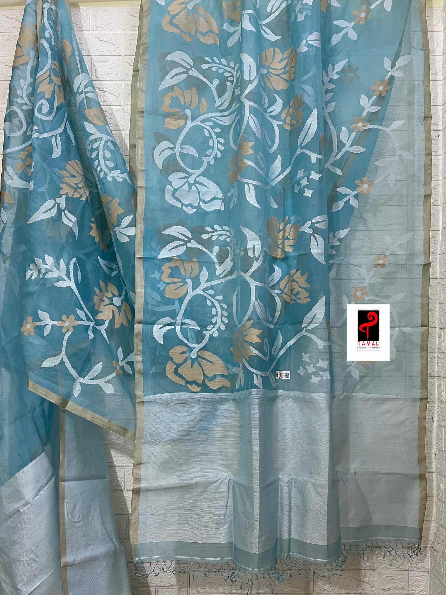 Light sky blue with white & beige colour allover floral handwoven jamdani saree - Tamal Boutique