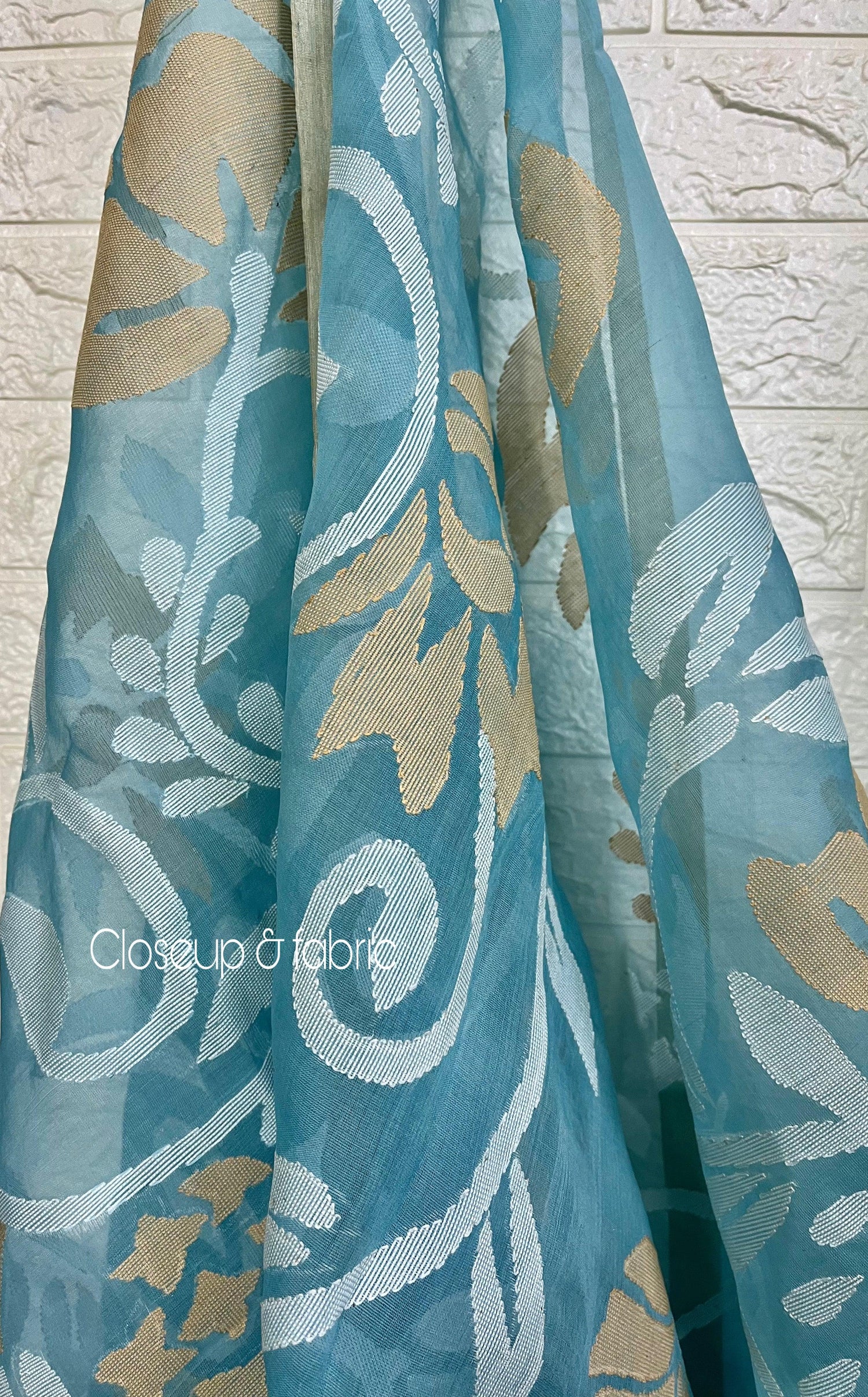Light sky blue with white & beige colour allover floral handwoven jamdani saree - Tamal Boutique