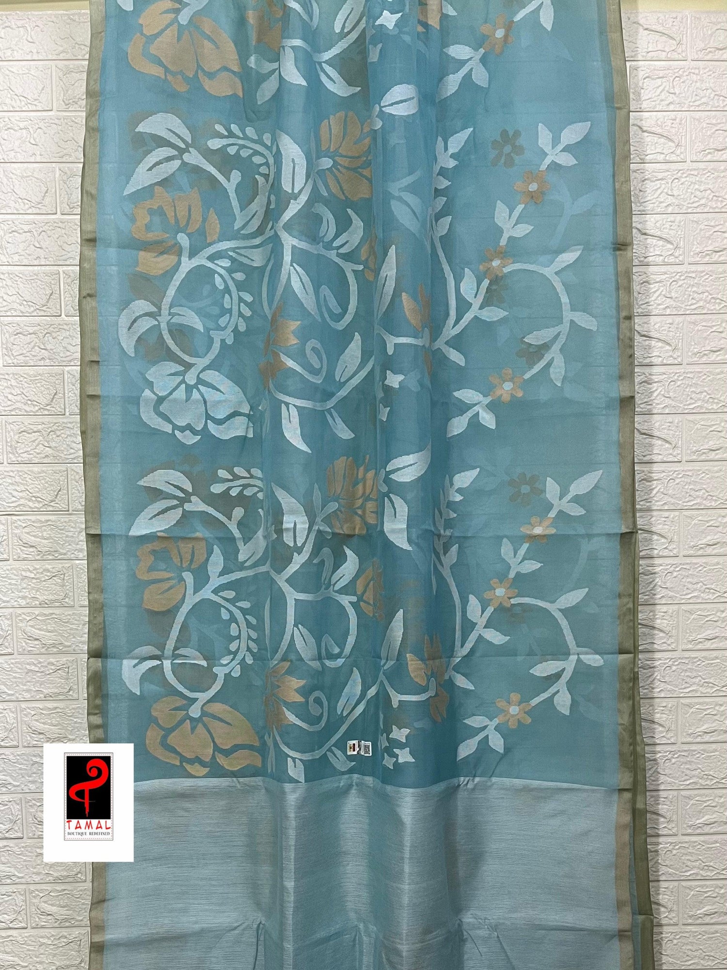 Light sky blue with white & beige colour allover floral handwoven jamdani saree - Tamal Boutique