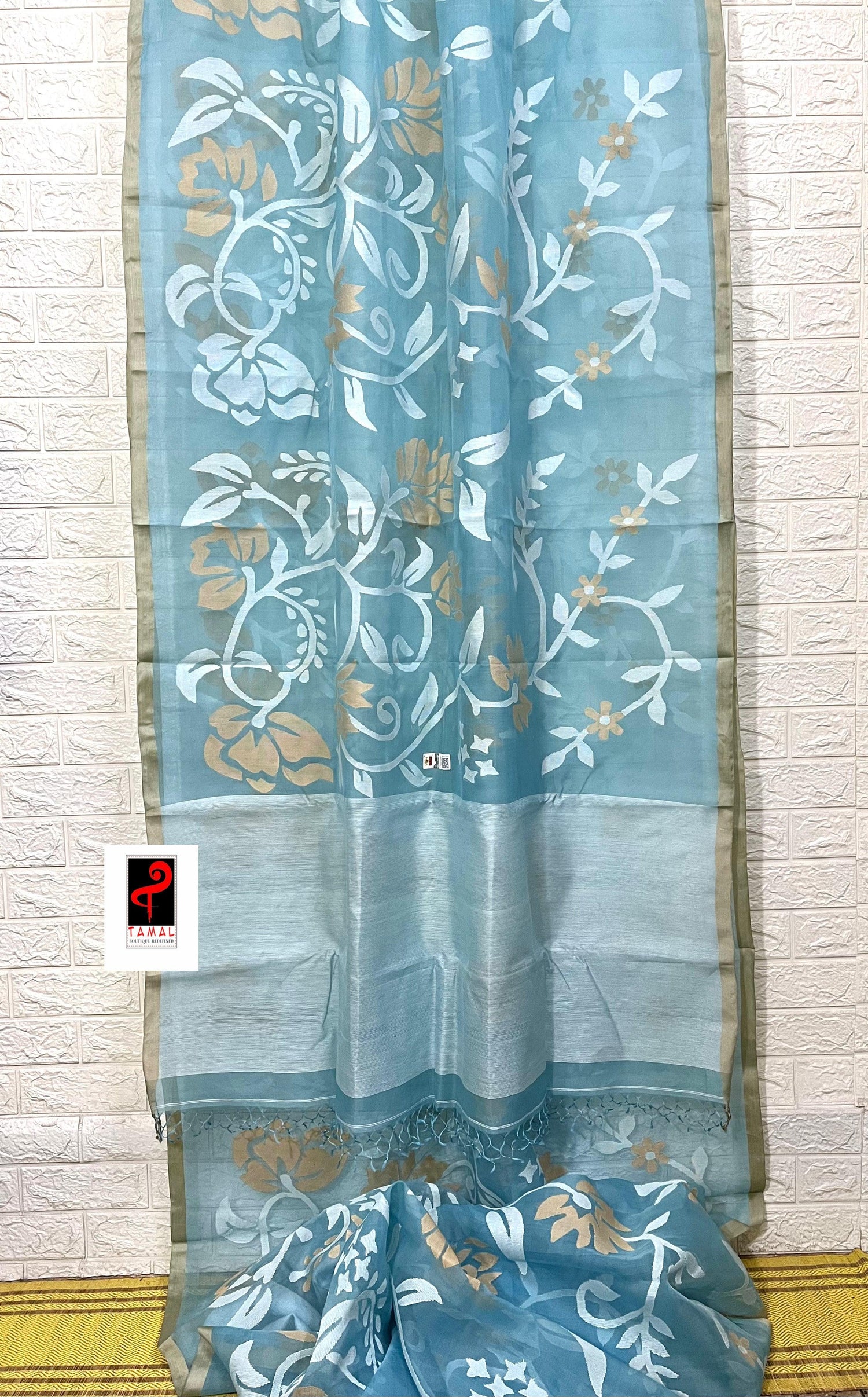Light sky blue with white & beige colour allover floral handwoven jamdani saree - Tamal Boutique