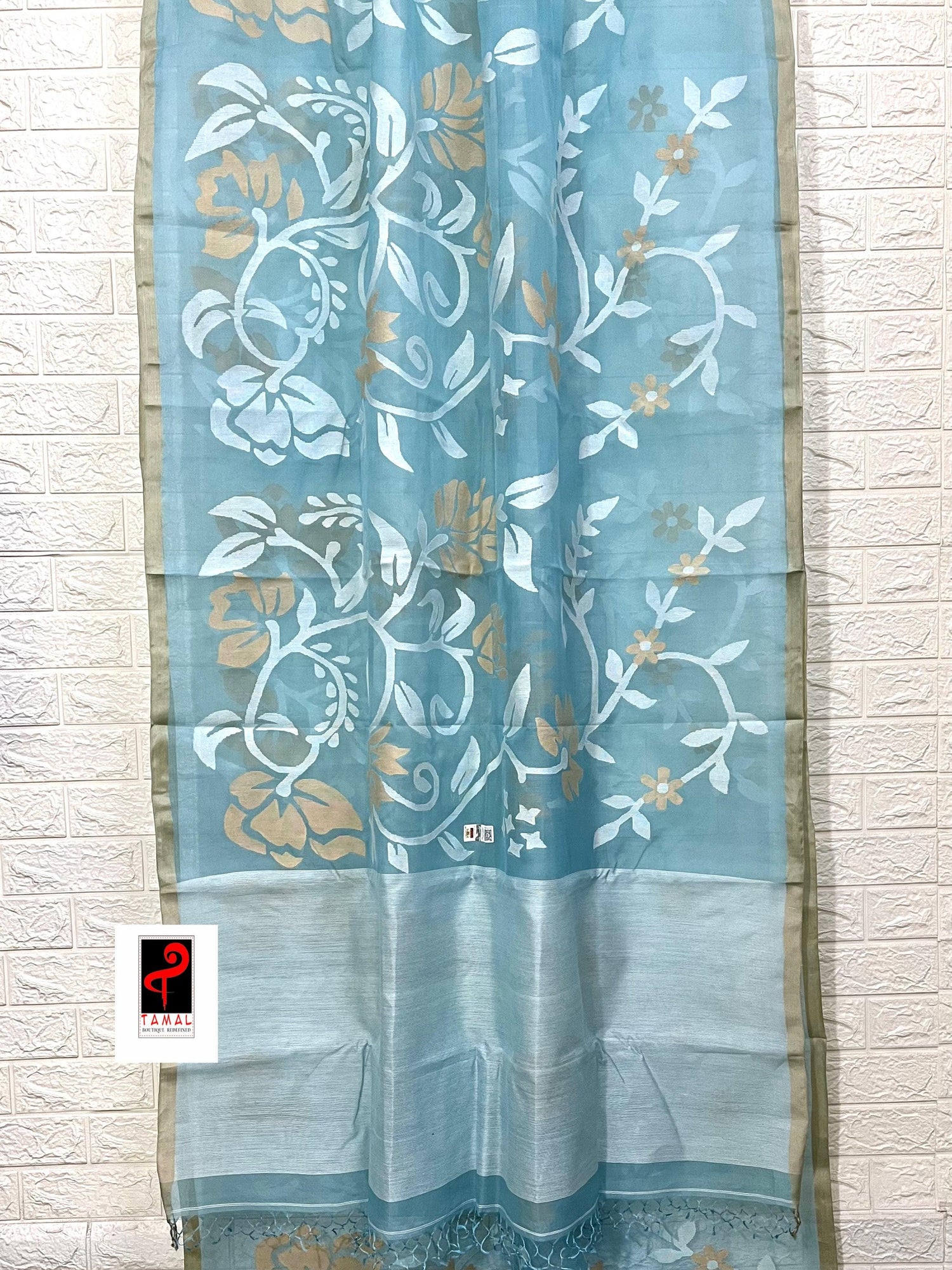 Light sky blue with white & beige colour allover floral handwoven jamdani saree - Tamal Boutique