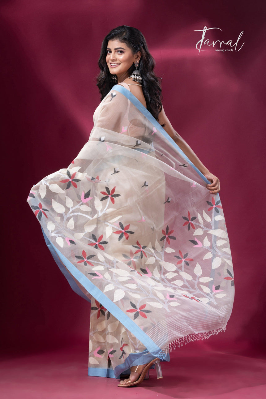 Light cream pure organza muslin silk handwoven jamdani saree back