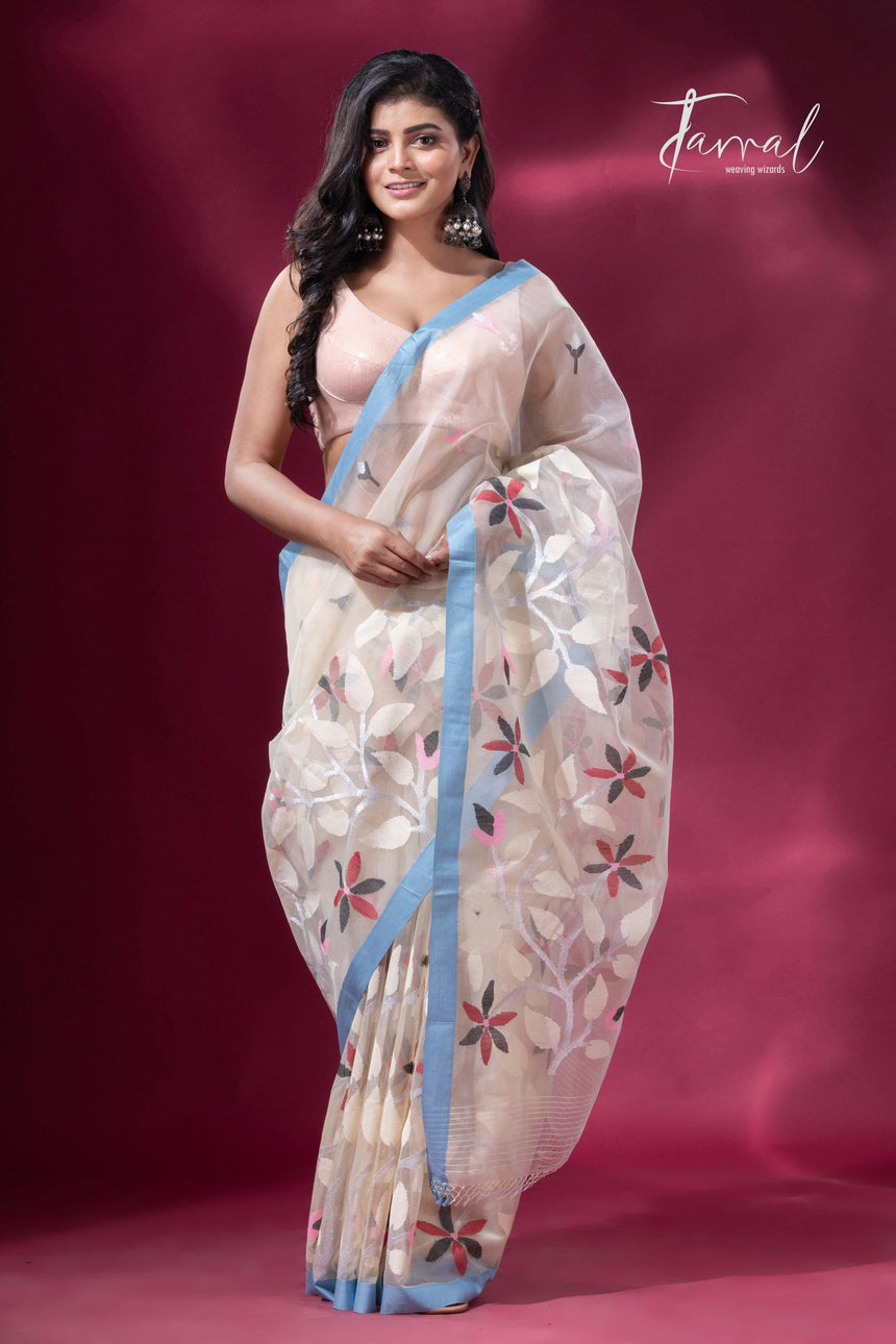 Light cream pure organza muslin silk handwoven jamdani saree full