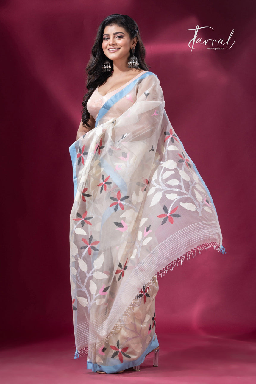 Light cream pure organza muslin silk handwoven jamdani saree left