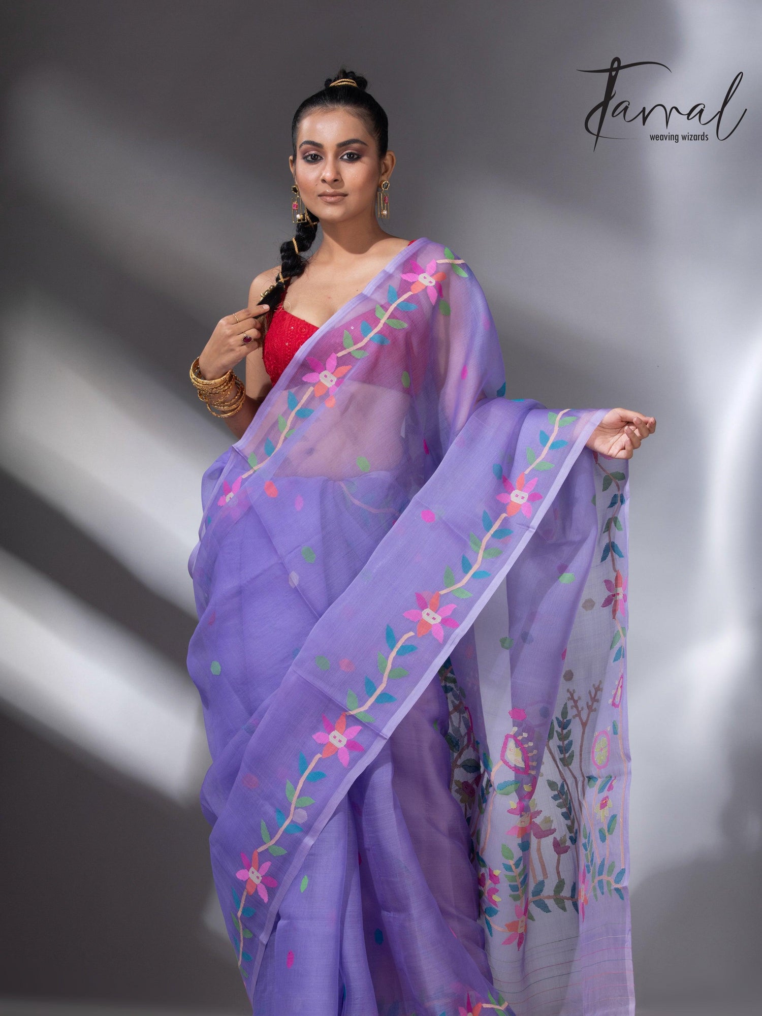 Light lavender colour floral muslin silk handwoven jamdani saree - Tamal Boutique