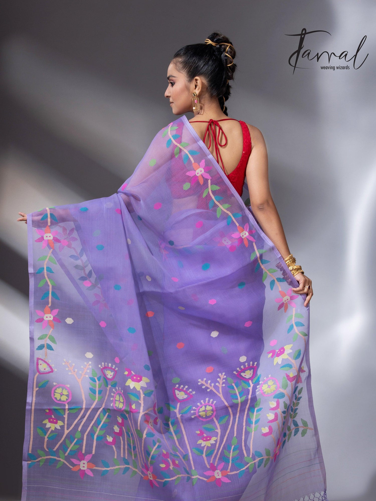 Light lavender colour floral muslin silk handwoven jamdani saree - Tamal Boutique