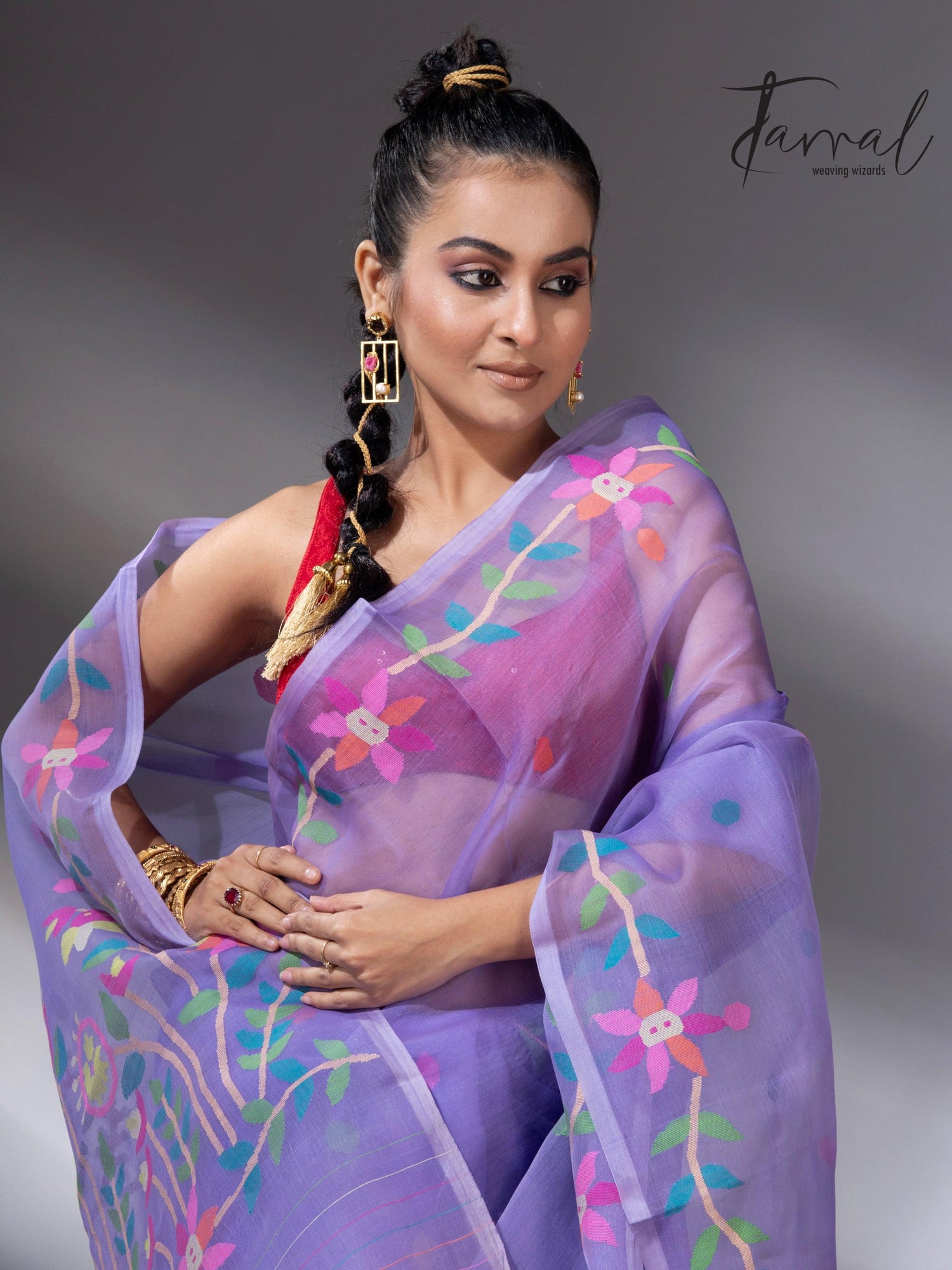 Light lavender colour floral muslin silk handwoven jamdani saree - Tamal Boutique