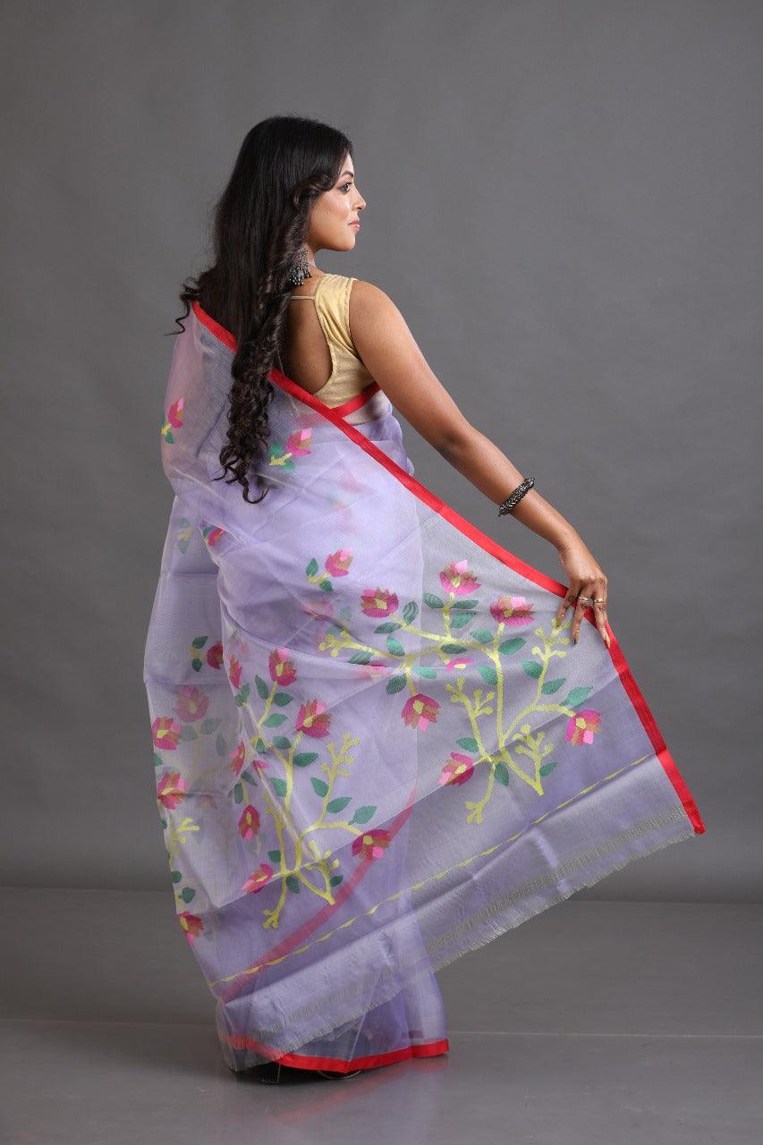 Light lavender with red border muslin floral buta handwoven jamadani saree - Tamal Boutique