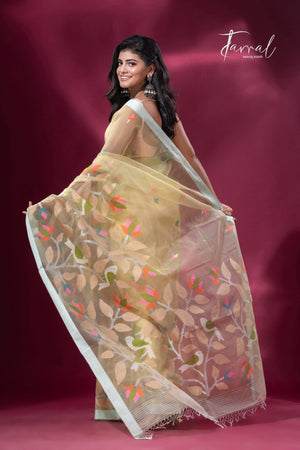 Light lemon yellow pure organza silk handwoven jamdani saree back