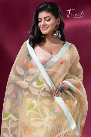Light lemon yellow pure organza silk handwoven jamdani saree cls
