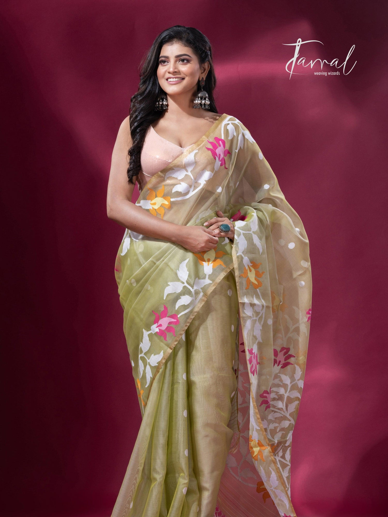 Light mehendi green border muslin silk handwoven jamdani saree