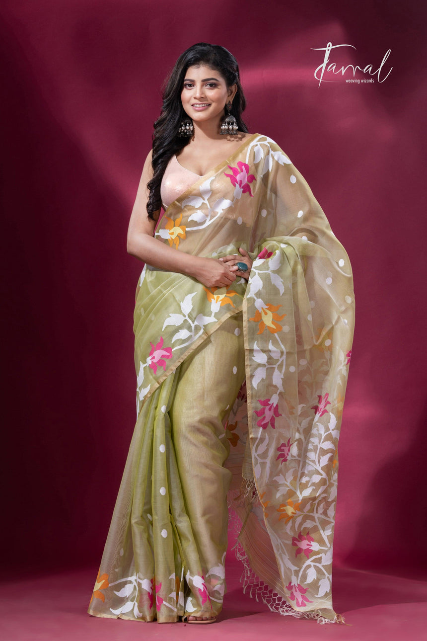 Light mehendi green border muslin silk handwoven jamdani saree2