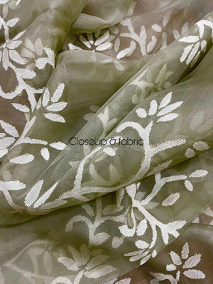 Light mint green with white allover floral handwoven jamdani in muslin silk saree - Tamal Boutique