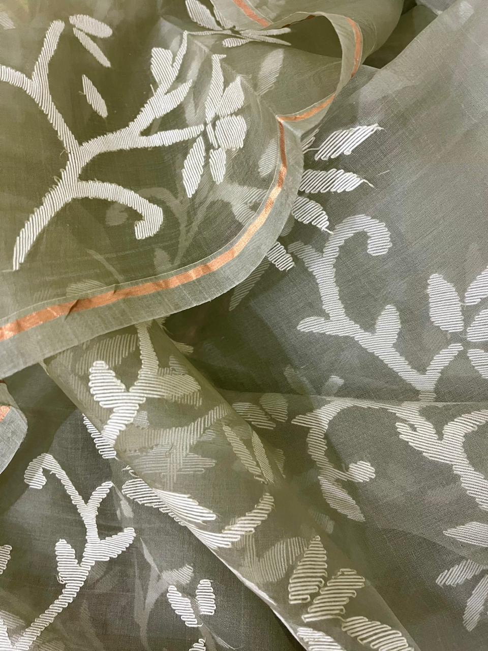 Light mint green with white allover floral handwoven jamdani in muslin silk saree - Tamal Boutique