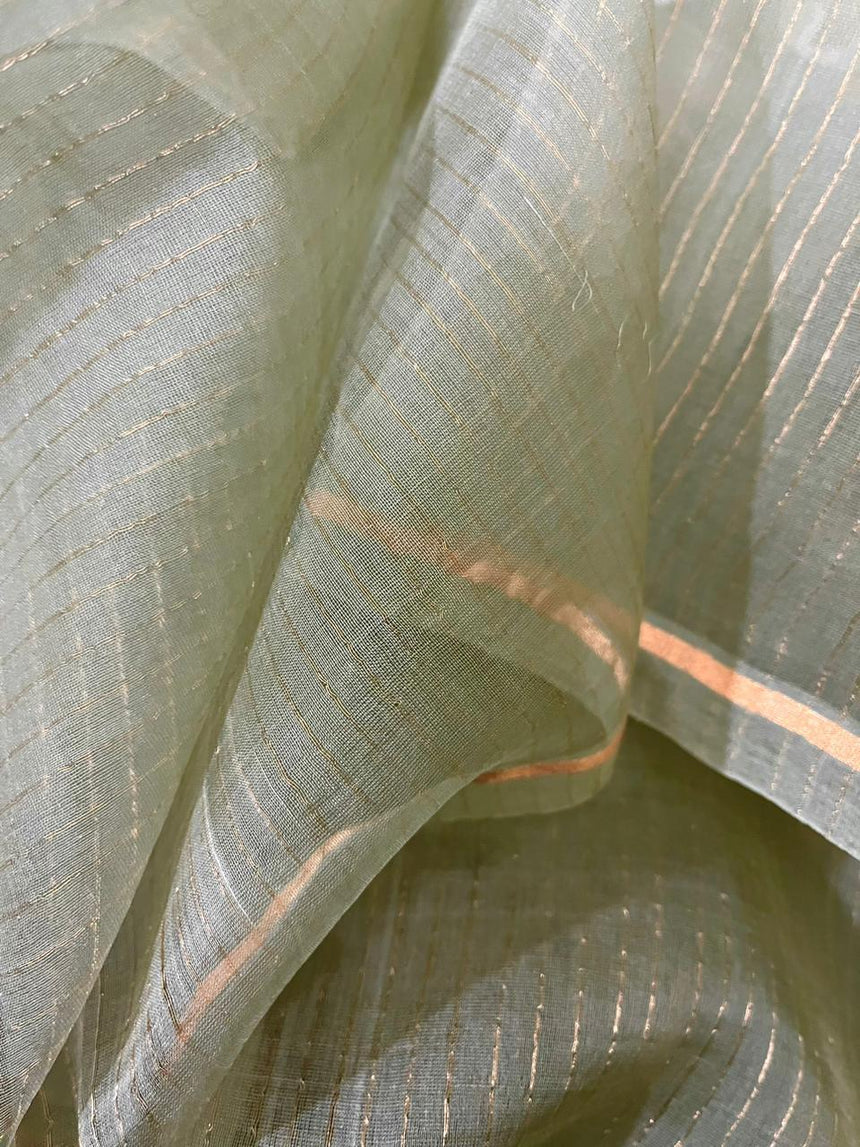 Light mint green with white allover floral handwoven jamdani in muslin silk saree - Tamal Boutique