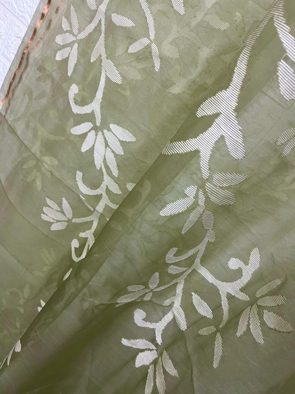 Light mint green with white allover floral handwoven jamdani in muslin silk saree - Tamal Boutique
