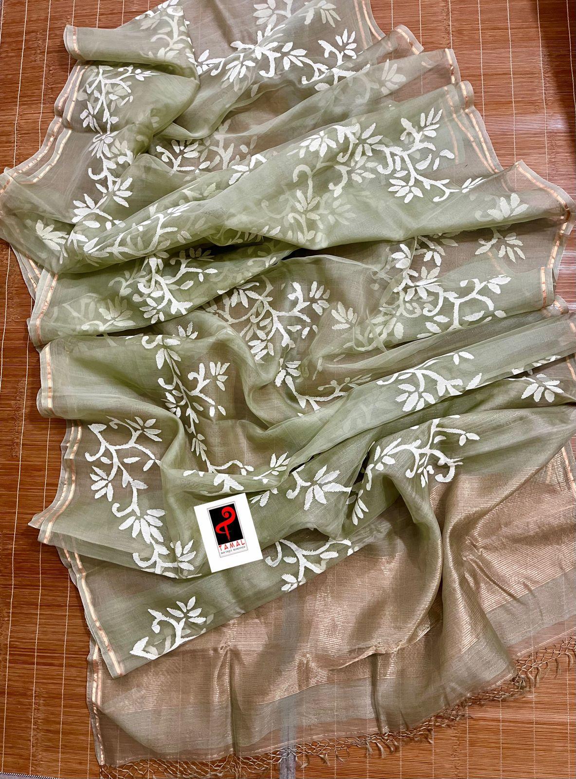 Light mint green with white allover floral handwoven jamdani in muslin silk saree - Tamal Boutique