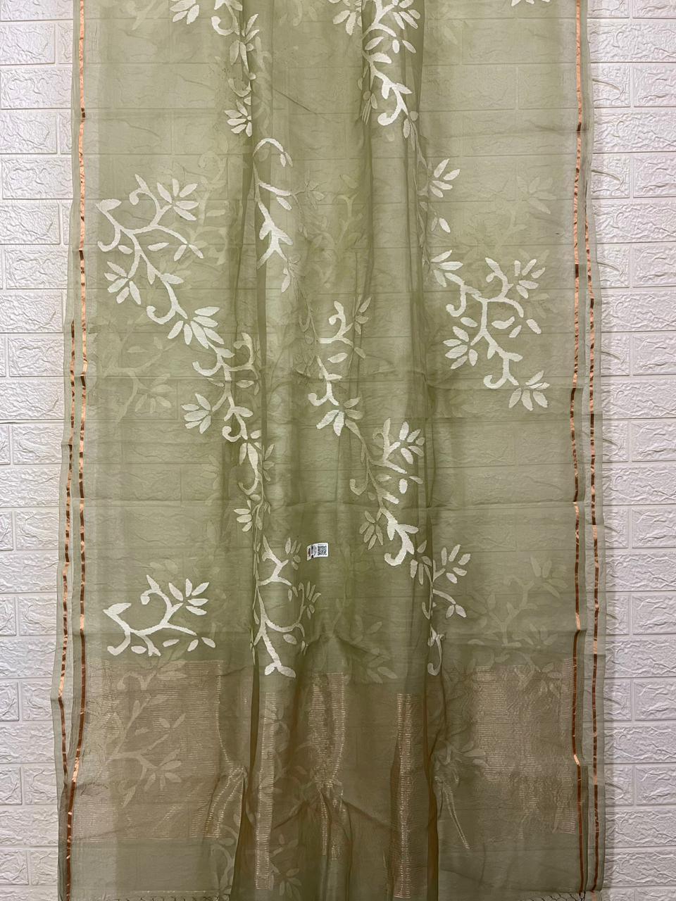 Light mint green with white allover floral handwoven jamdani in muslin silk saree - Tamal Boutique