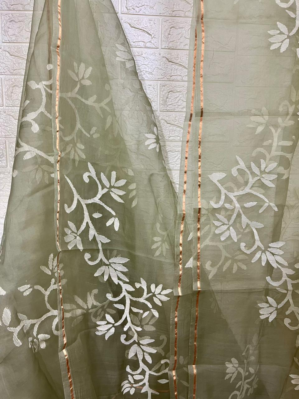 Light mint green with white allover floral handwoven jamdani in muslin silk saree - Tamal Boutique
