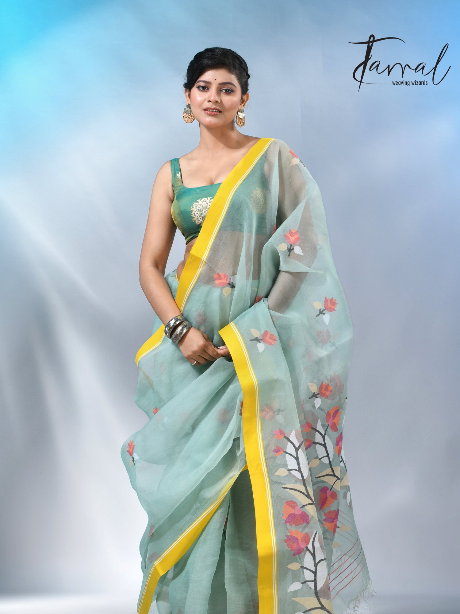 Light mint green muslin silk floral handwoven jamdani saree