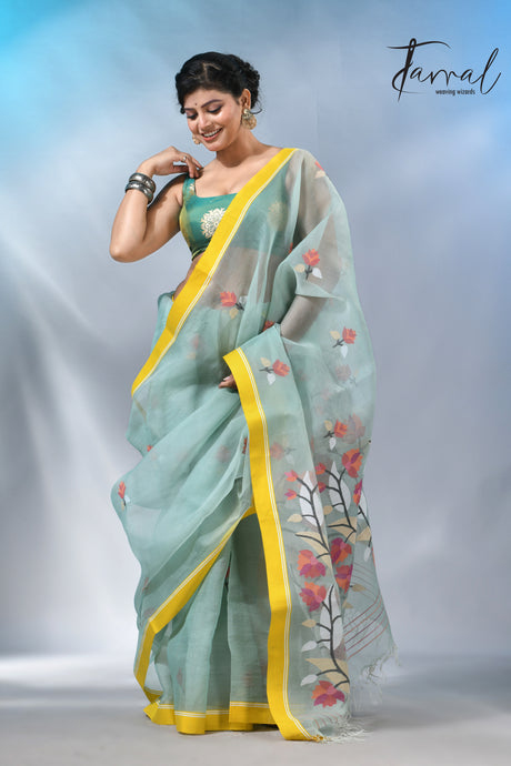 Light mint green muslin silk floral handwoven jamdani saree