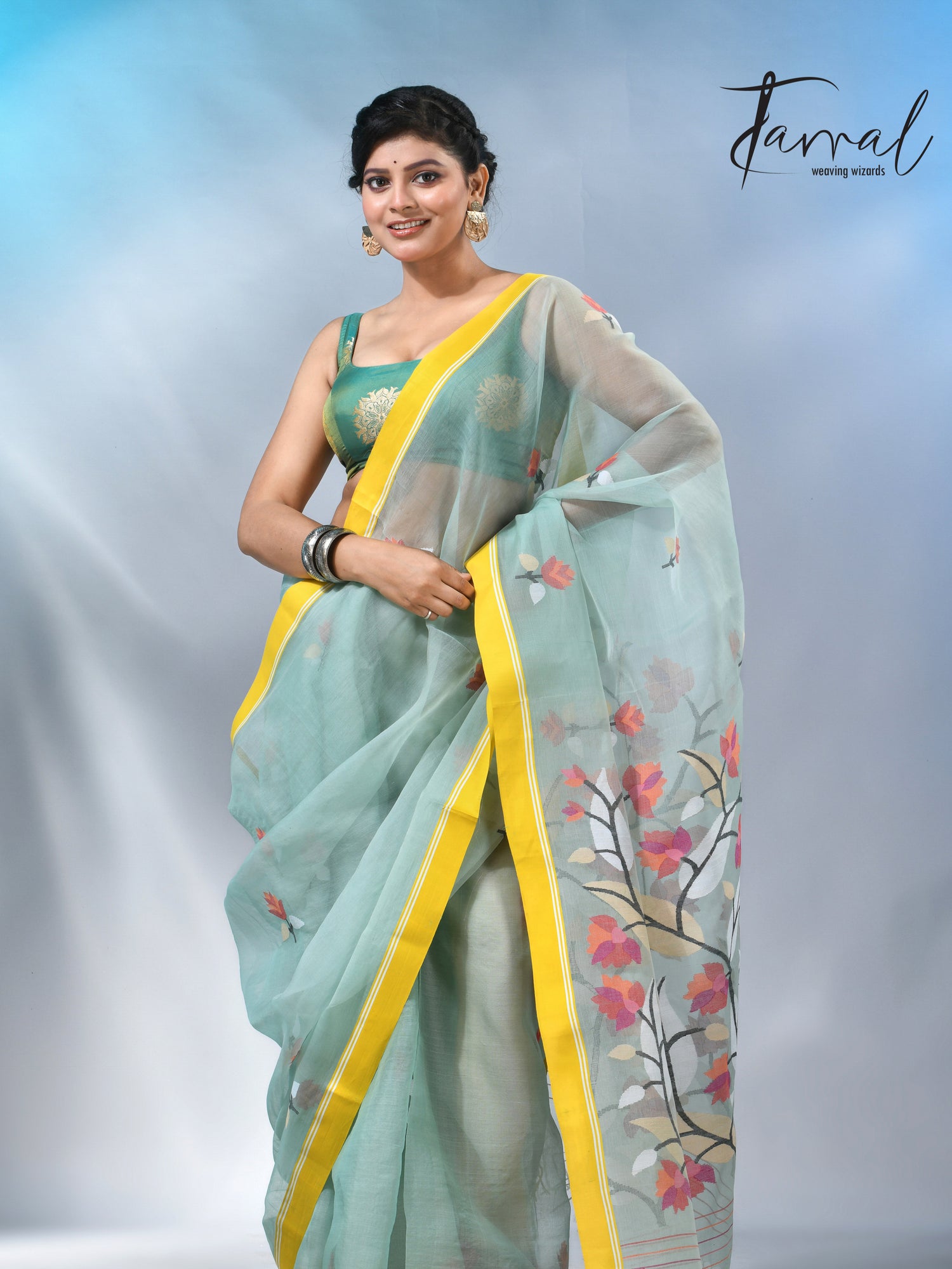 Light mint green muslin silk floral handwoven jamdani saree