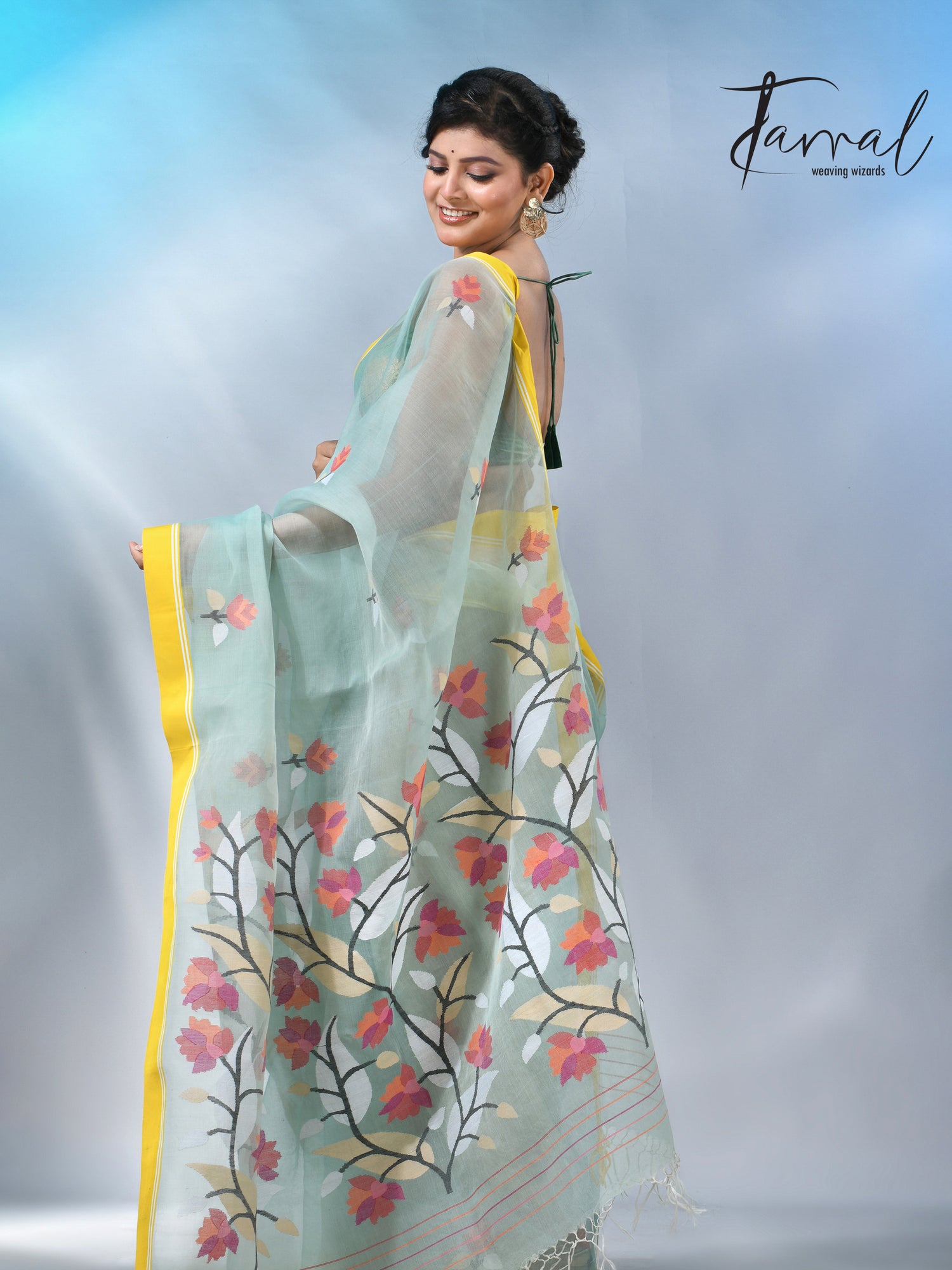 Light mint green muslin silk floral handwoven jamdani saree