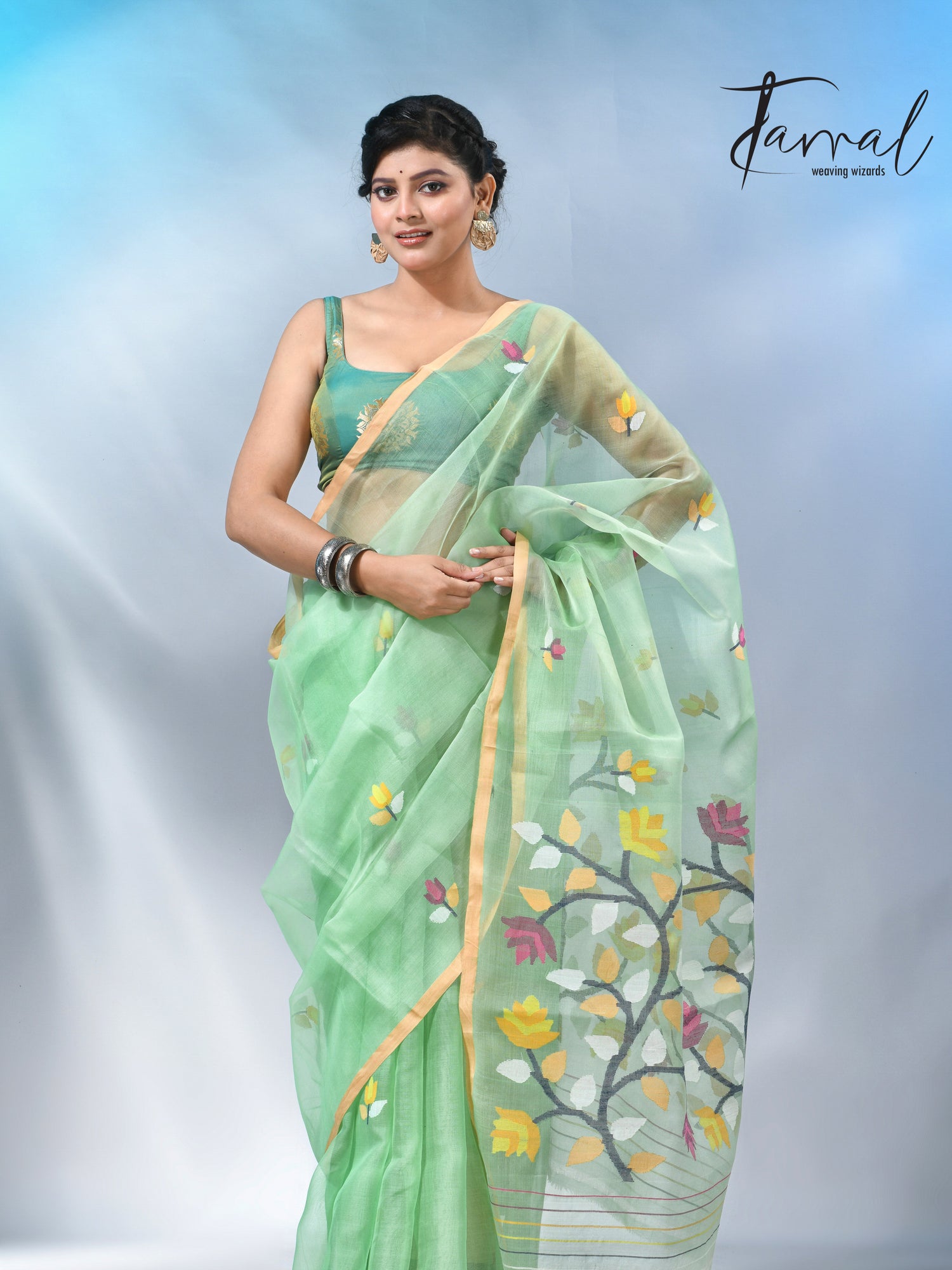Light mint green muslin silk handwoven needlework jamdani saree