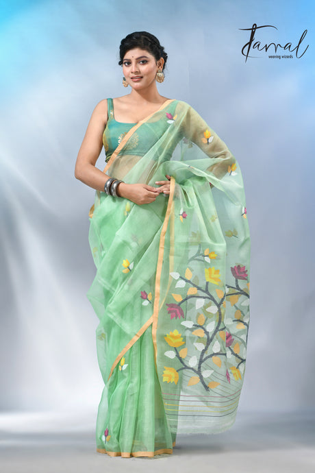 Light mint green muslin silk handwoven needlework jamdani saree
