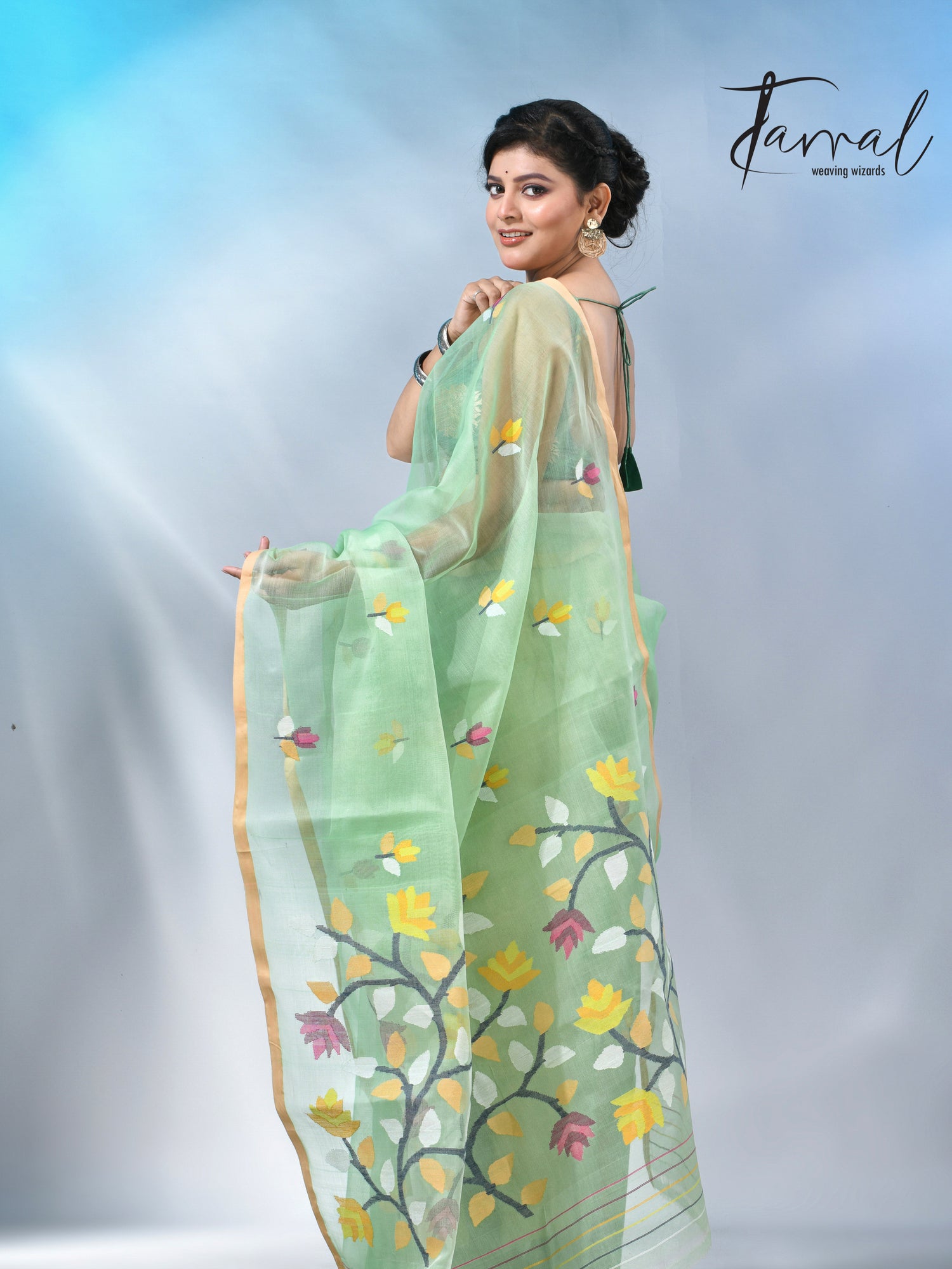 Light mint green muslin silk handwoven needlework jamdani saree