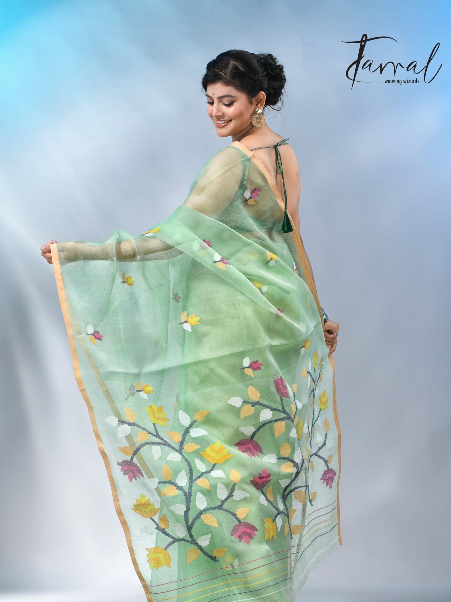 Light mint green muslin silk handwoven needlework jamdani saree