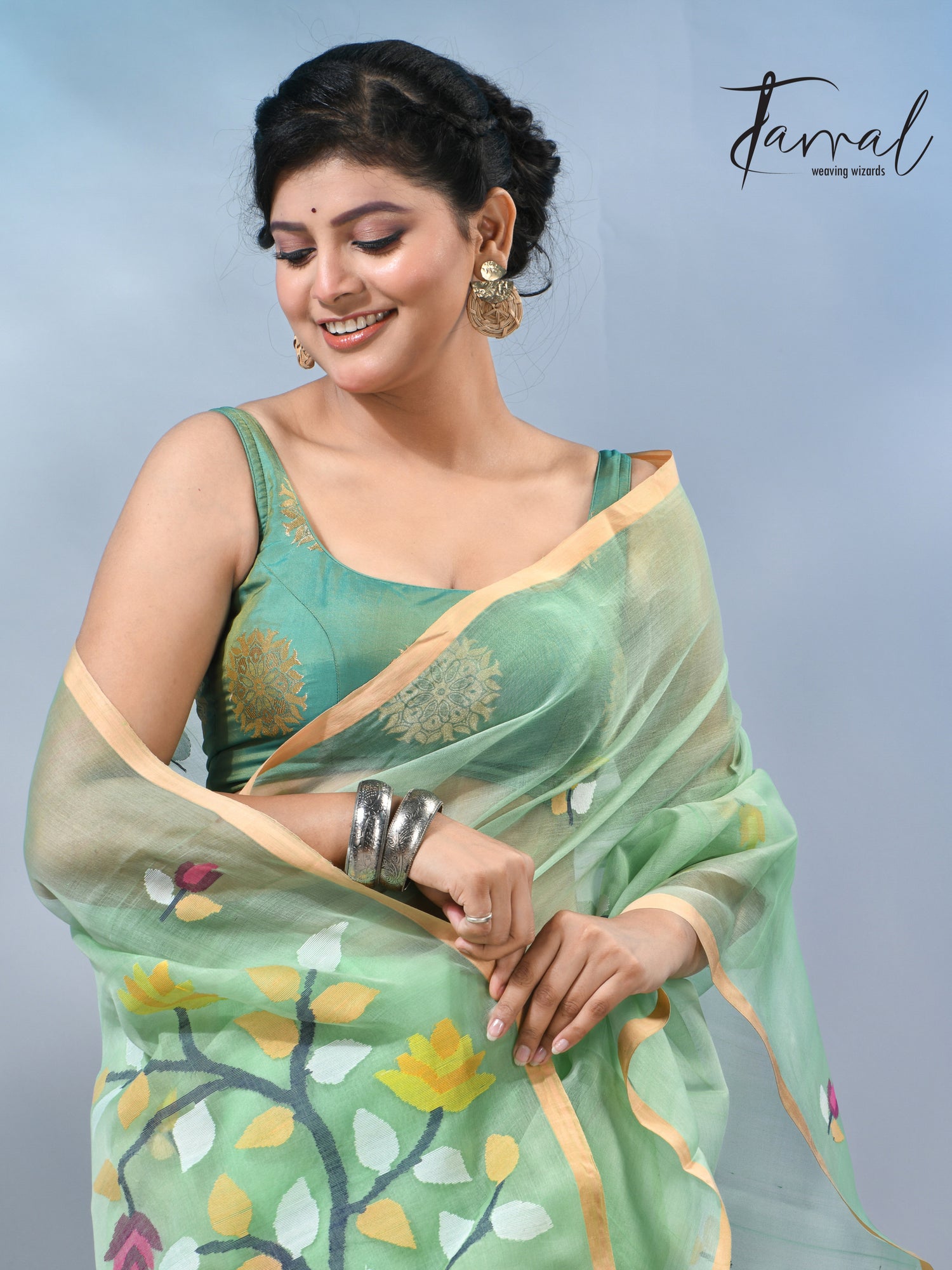 Light mint green muslin silk handwoven needlework jamdani saree