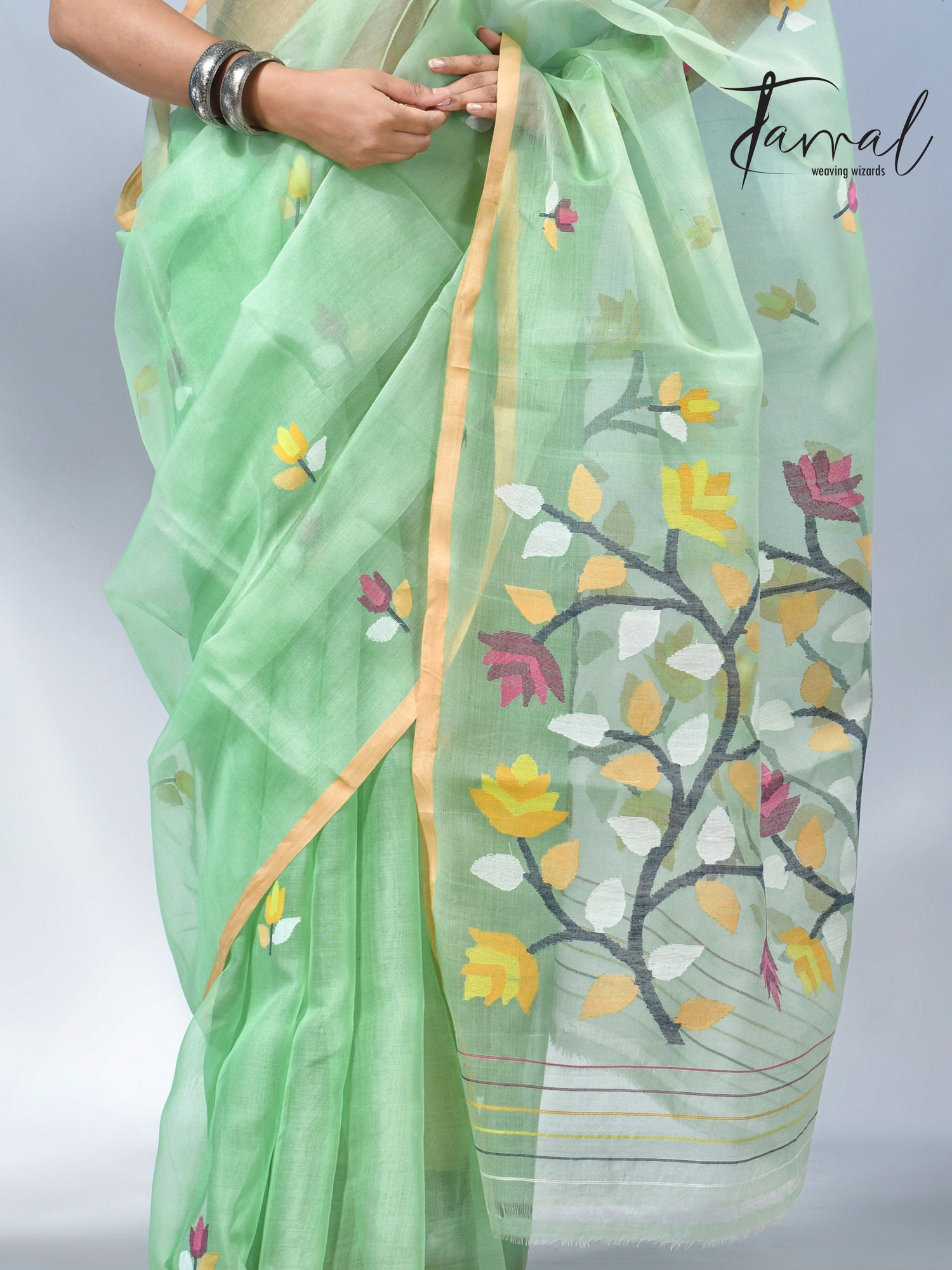 Light mint green muslin silk handwoven needlework jamdani saree