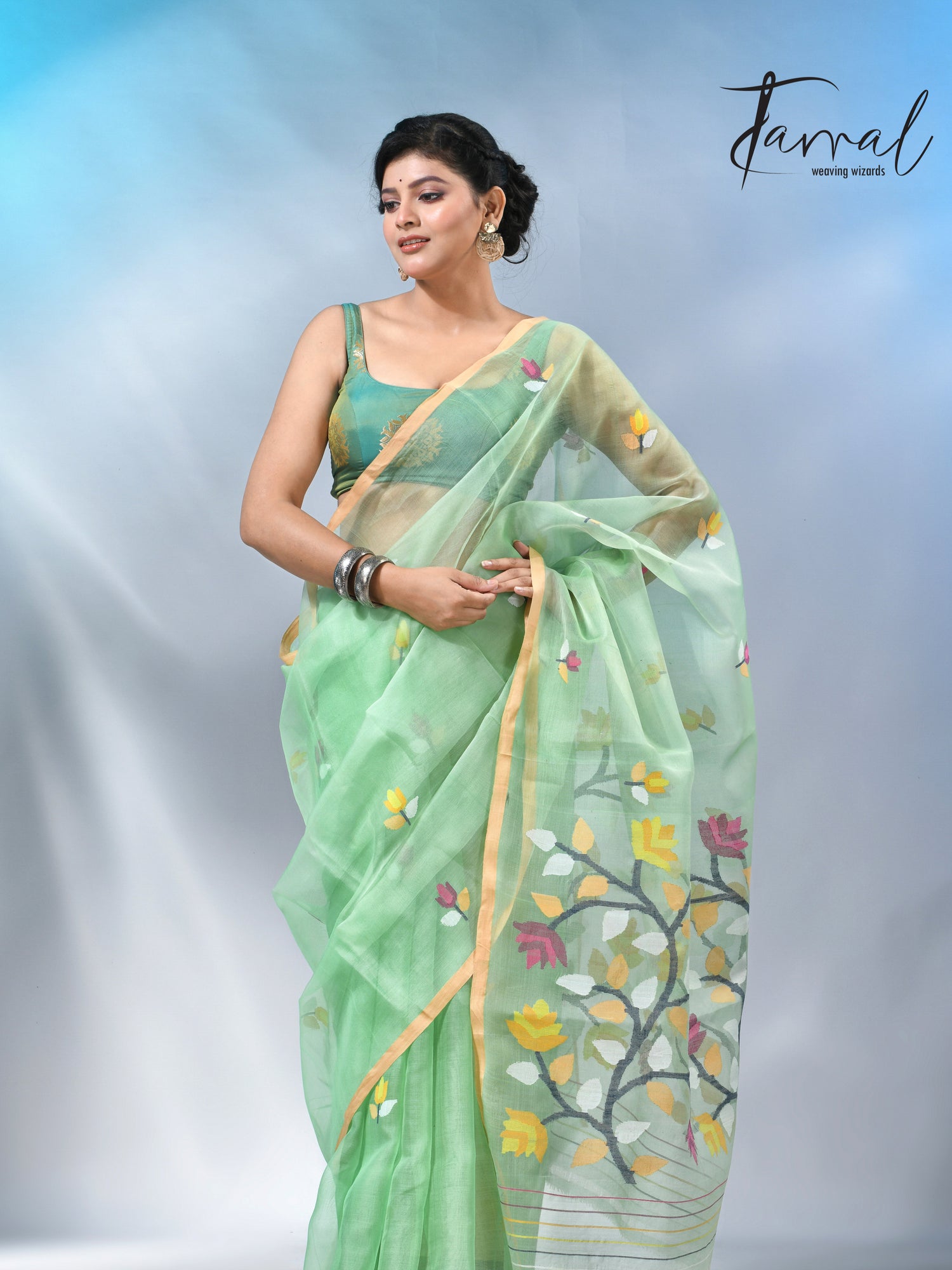 Light mint green muslin silk handwoven needlework jamdani saree