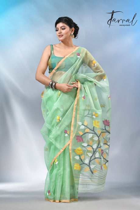 Light mint green muslin silk handwoven needlework jamdani saree