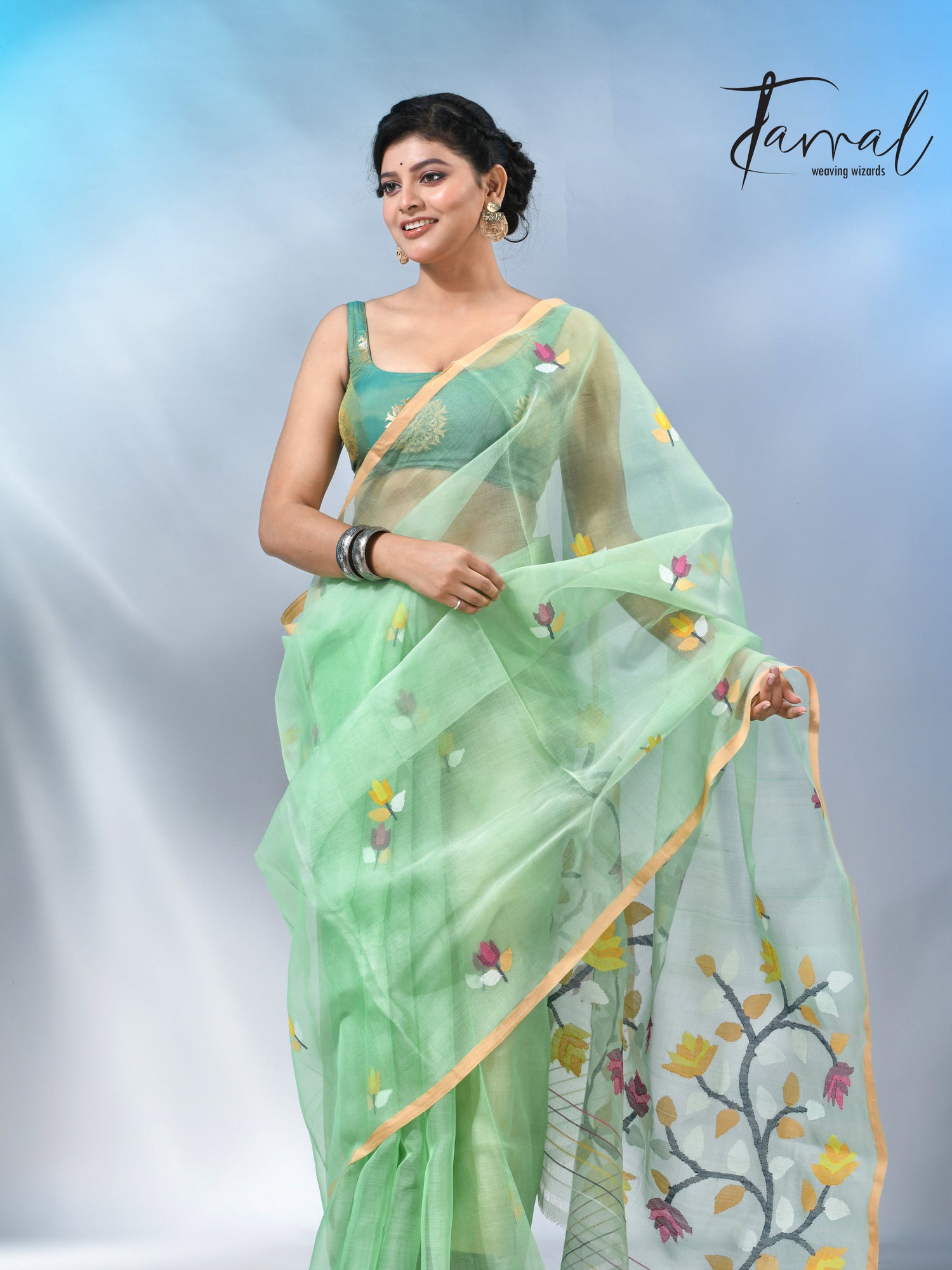 Light mint green muslin silk handwoven needlework jamdani saree