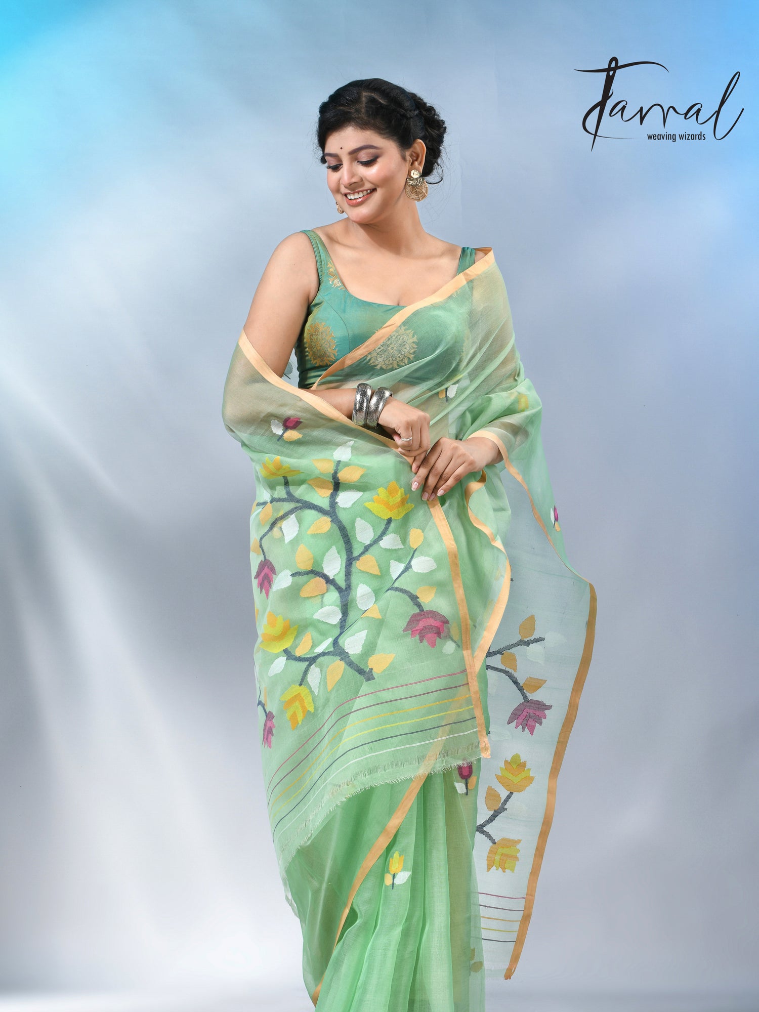 Light mint green muslin silk handwoven needlework jamdani saree