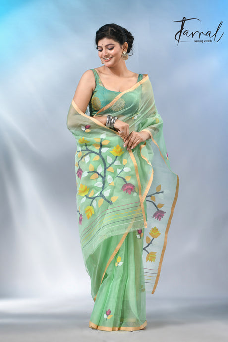 Light mint green muslin silk handwoven needlework jamdani saree