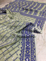 Light mint green with blue soft handloom dhakai jamdani saree - Tamal Boutique